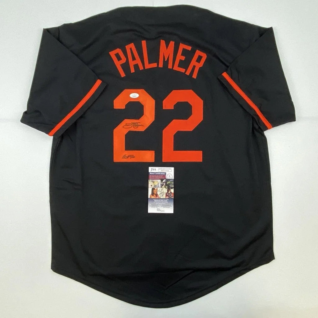 Autographed Jim Palmer HOF custom black Baltimore jersey back, number 22