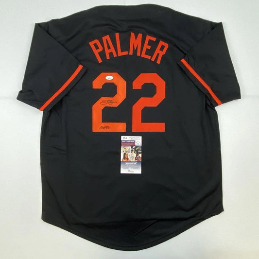 Autographed Jim Palmer HOF custom black Baltimore jersey back, number 22