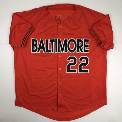 Red custom jersey from professional sports league with Baltimore 22 lettering