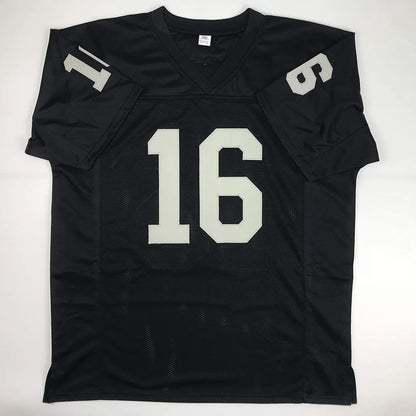 Black custom football jersey with white 16 front number and 1 9 sleeve numbers signed by jim plunkett for professional sports league
