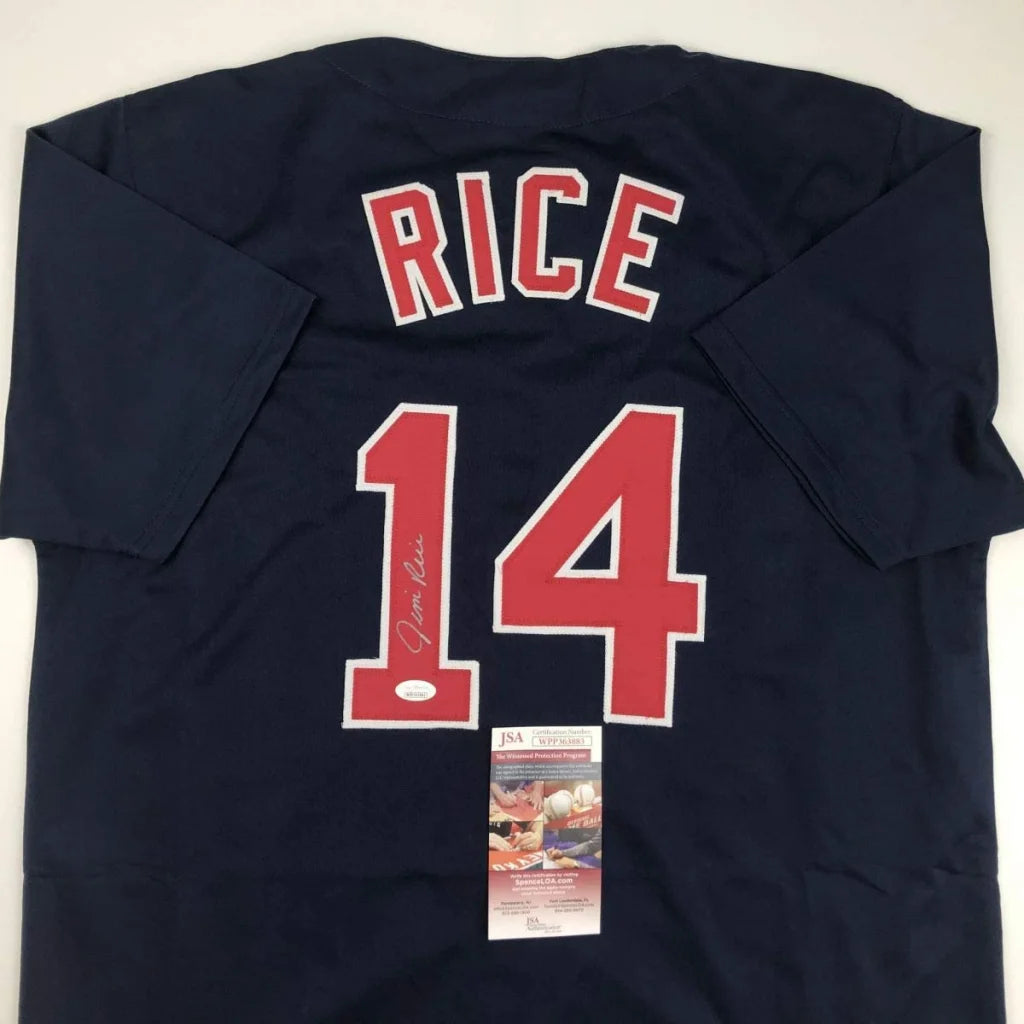 Autographed Jim Rice navy blue Boston custom jersey number 14 JSA COA
