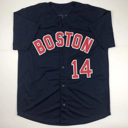 Autographed Jim Rice Boston blue custom jersey with red arched Boston and number 14, JSA COA