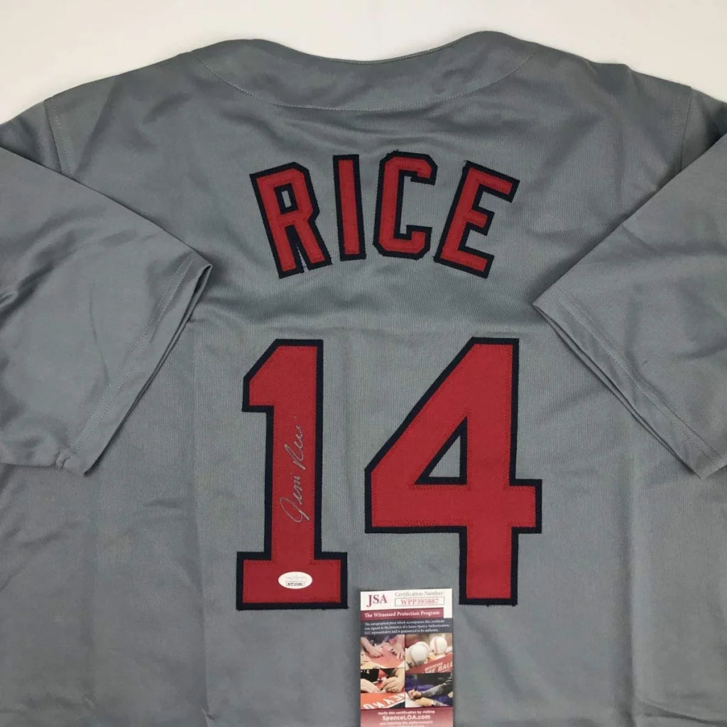 Autographed Jim Rice gray custom jersey back with red 14 JSA COA