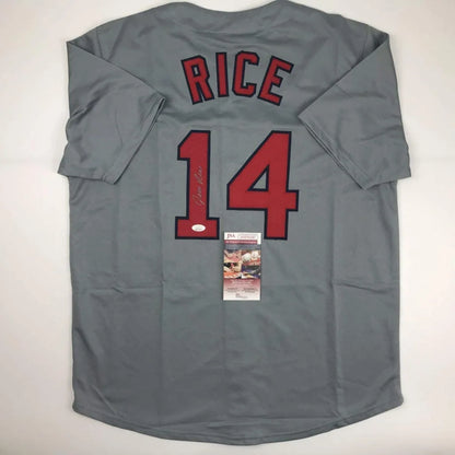 Autographed Jim Rice gray custom jersey back, red Rice 14, JSA COA