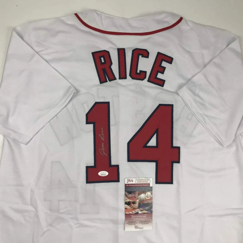 Autographed Jim Rice Boston white custom jersey, number 14, JSA COA
