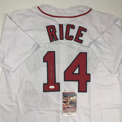 Autographed Jim Rice Boston white custom jersey, number 14, JSA COA
