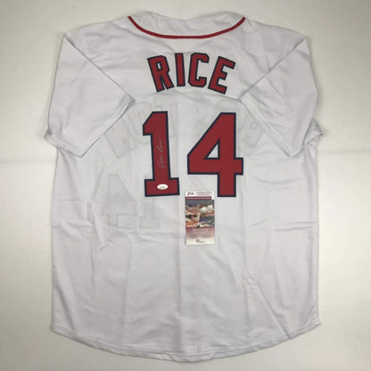 White custom jersey with red lettering and number 14 signed, authentic for professional sports league