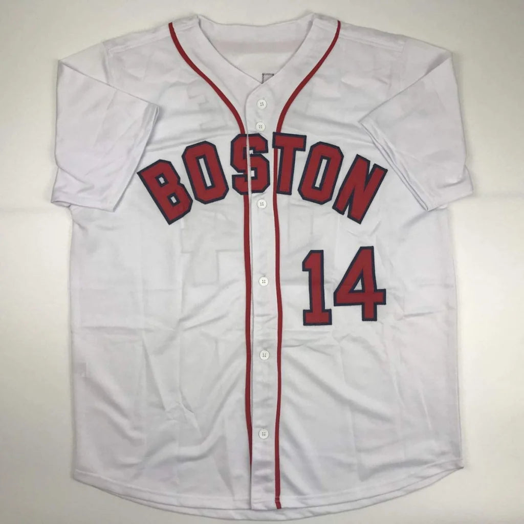 White baseball jersey with red trim and numbers from Authentic RICE 14 custom jersey for professional sports league