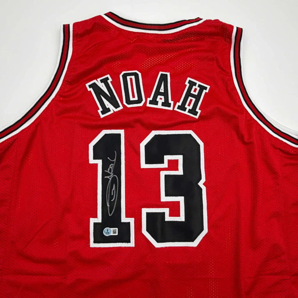Autographed Joakim Noah Chicago Red Basketball Jersey Beckett BAS COA | Certified Authentic Signed Memorabilia | vintageantiquesgifts.com
