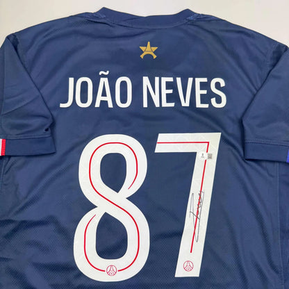 Autographed Joao Neves PSG Paris Saint Germain Blue Soccer Futbol Jersey Beckett BAS COA | Certified Authentic Signed Memorabilia | vintageantiquesgifts.com