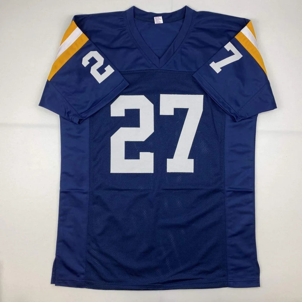 Blue Joe Bellino Heisman Winner custom jersey with white yellow striped sleeves for professional sports