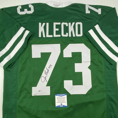 Autographed Joe Klecko New York Green Football Jersey Beckett BAS COA | Certified Authentic Signed Memorabilia | vintageantiquesgifts.com