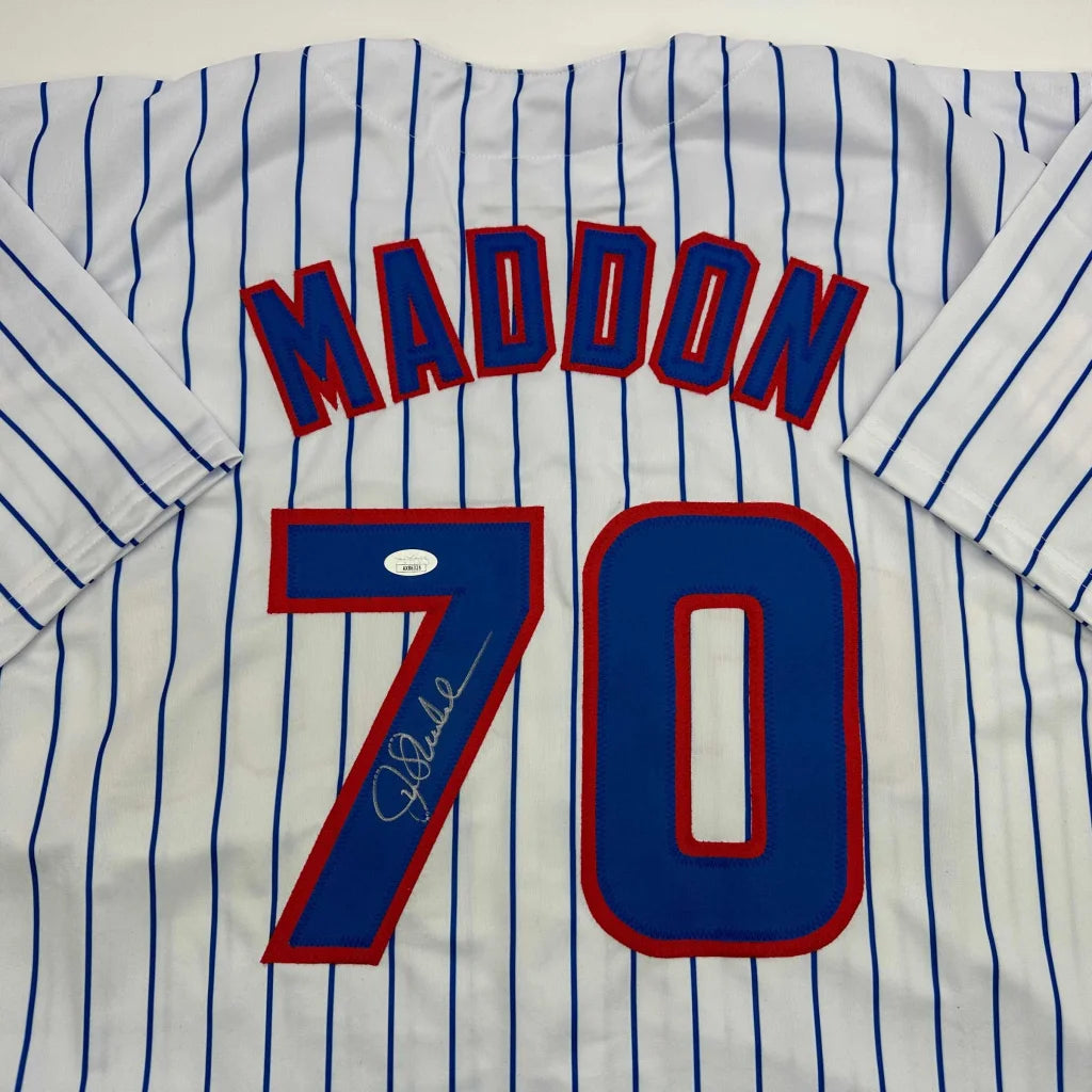 Autographed Joe Maddon Chicago Pinstripe Baseball Jersey JSA COA | Certified Authentic Signed Memorabilia | vintageantiquesgifts.com