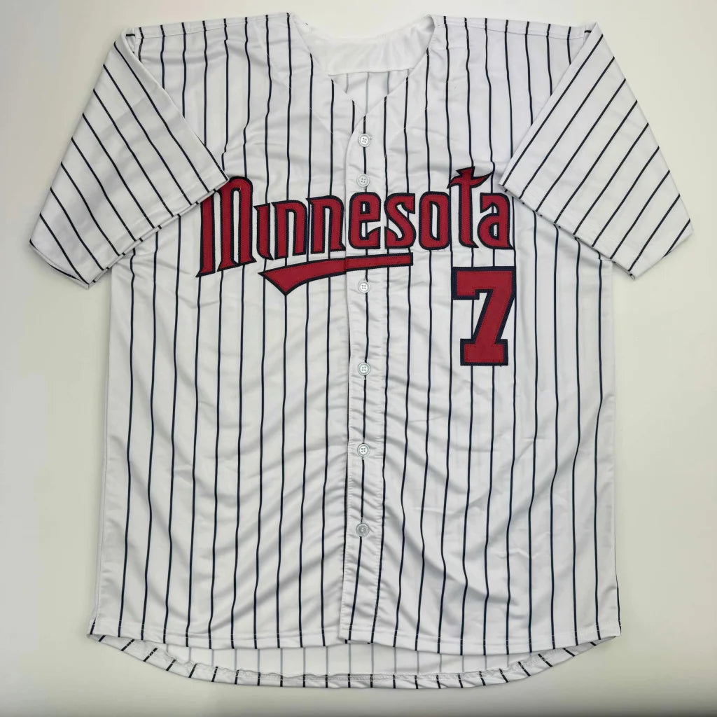 White pinstripe baseball jersey with Minnesota graphic and number 7, authentic custom jersey from Professional Sports League