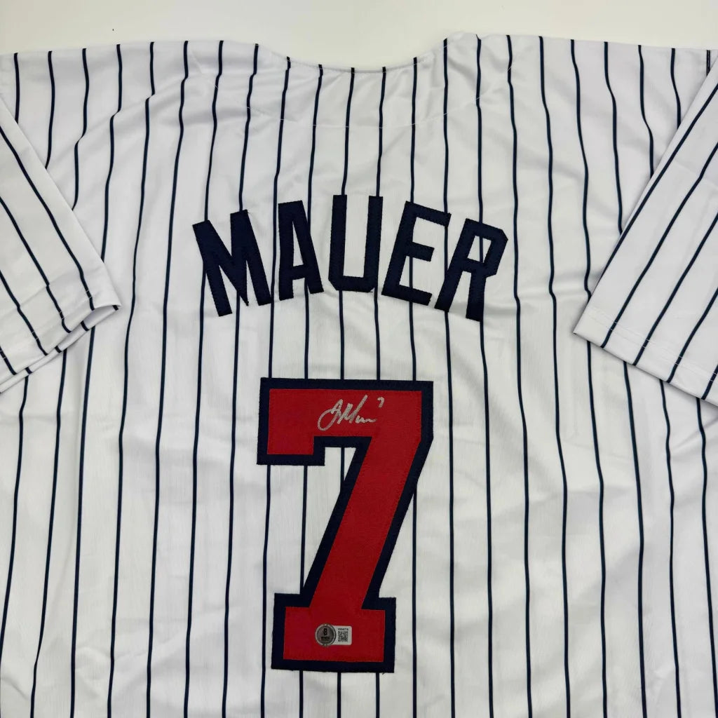 Autographed Joe Mauer Minnesota Pinstripe Baseball Jersey Beckett BAS COA | Certified Authentic Signed Memorabilia | vintageantiquesgifts.com