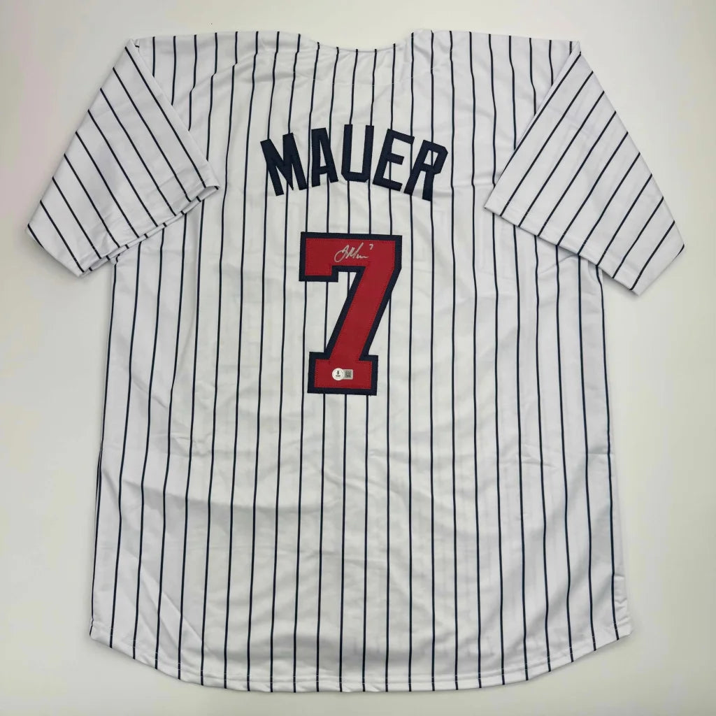 Autographed Joe Mauer Minnesota Pinstripe Baseball Jersey Beckett BAS COA | Hall of Fame Sports Memorabilia | vintageantiquesgifts.com