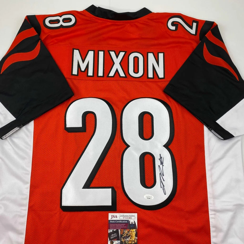 Back of autographed Joe Mixon Bengals custom jersey number 28