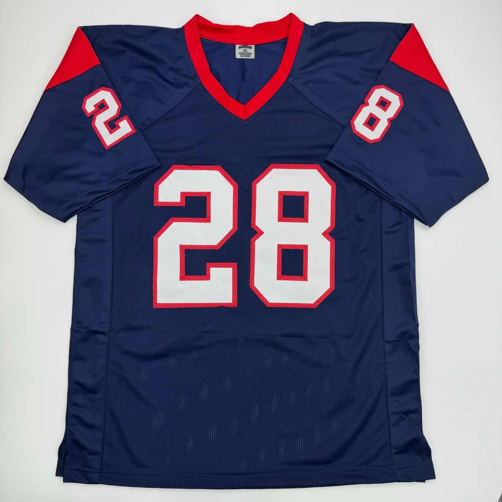 Navy blue Joe Mixon professional sports league jersey with red trim and white numbers