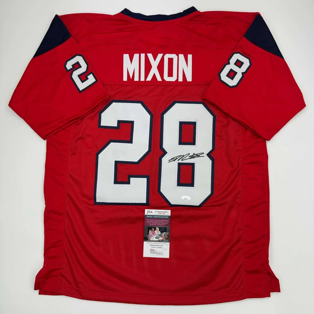 Autographed Joe Mixon custom jersey in red with white navy accents, number 28