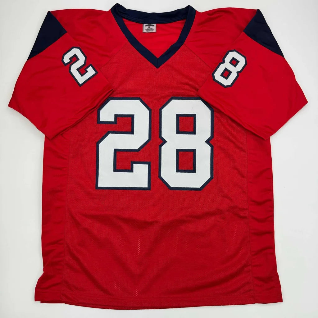Red custom jersey with blue shoulders and white 28 for professional sports league fans