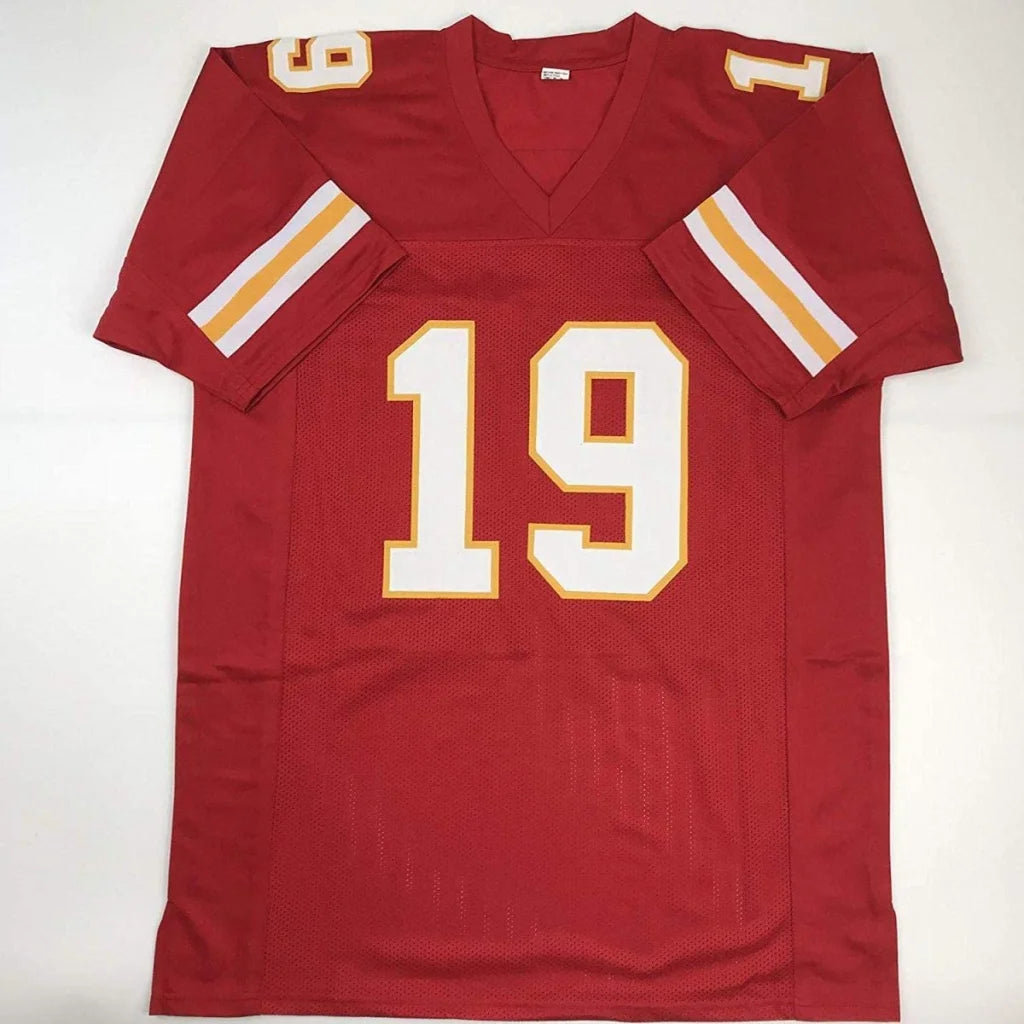 Red short-sleeve custom jersey with white and gold stripes and number 19 for professional sports league