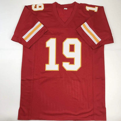 Red short-sleeve custom jersey with white and gold stripes and number 19 for professional sports league