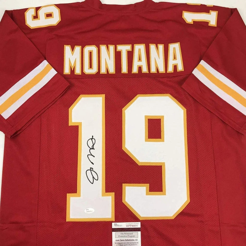 Red custom jersey with Montana 19 autographed for professional sports league fans