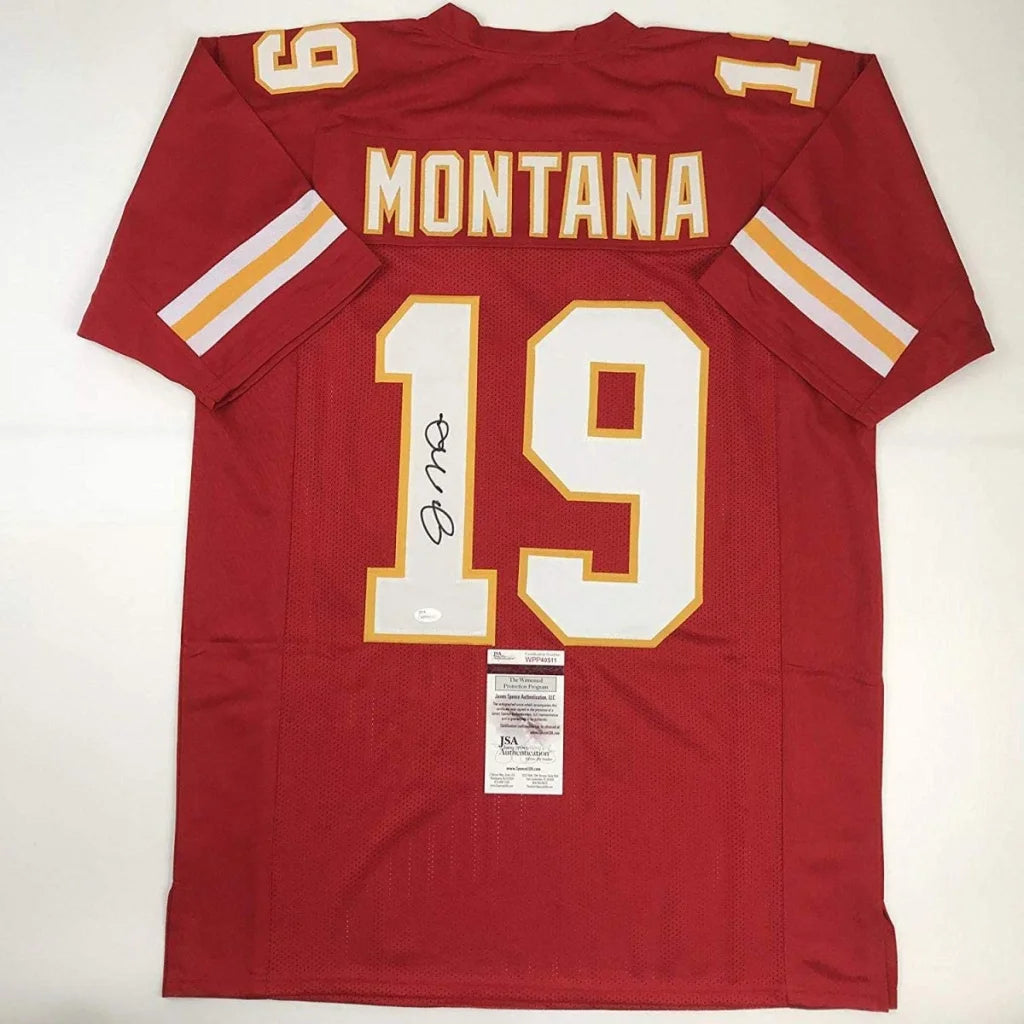 Red Montana 19 custom jersey with autograph and authentication tags for professional sports fans