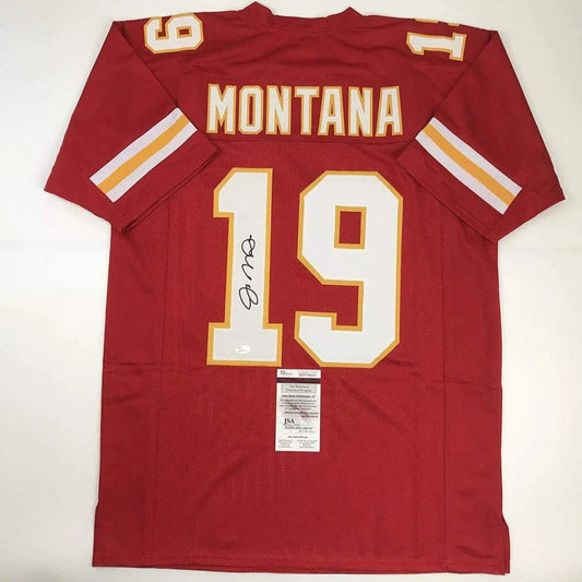 Red Montana 19 custom jersey with autograph and authentication tags for professional sports fans