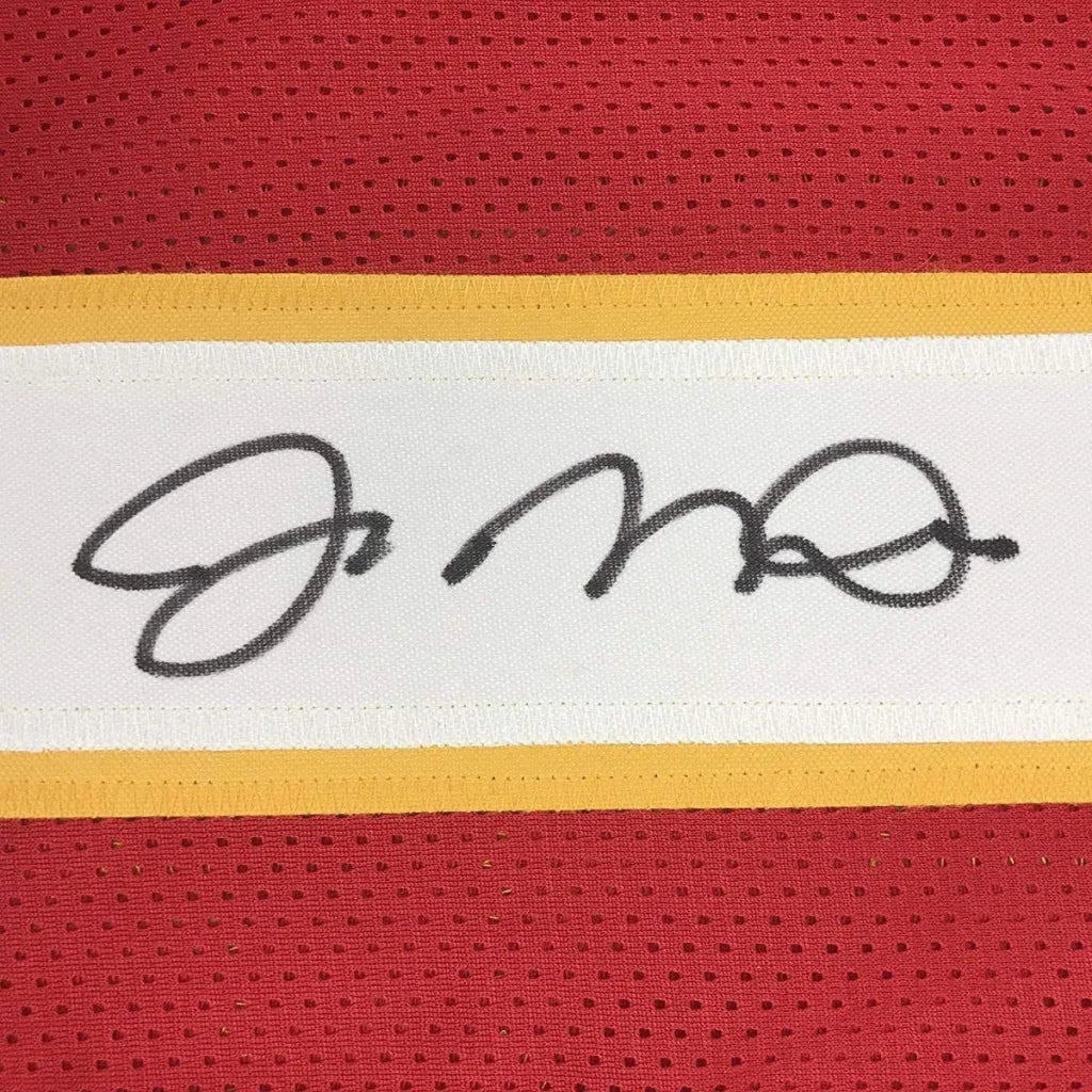 Red sports jersey with white and gold stripe and black autograph from Custom Jersey Montana 19 for professional sports league fans