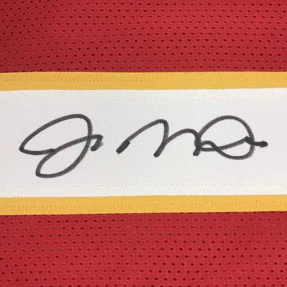 Red sports jersey with white and gold stripe and black autograph from Custom Jersey Montana 19 for professional sports league fans