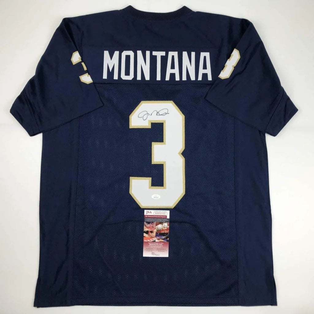 Navy blue custom Montana jersey from Professional Sports League with autograph and PSA sticker