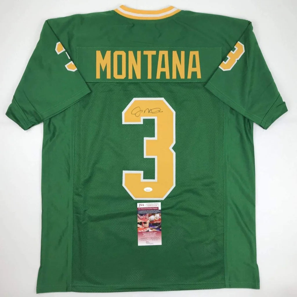 Autographed Joe Montana Notre Dame green football jersey in authentic professional sports gear