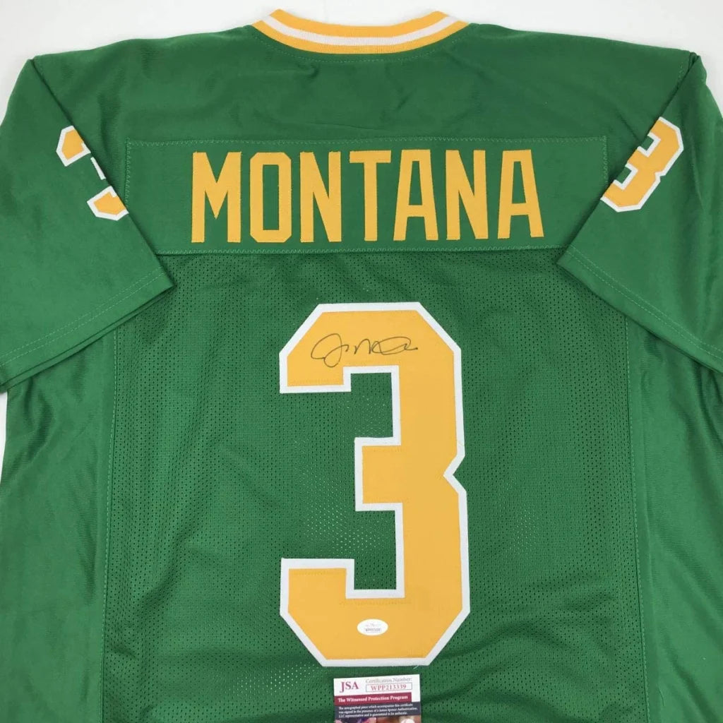 Green Joe Montana Notre Dame jersey with autograph, perfect for professional sports fans