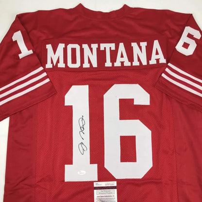 Back of autographed Joe Montana #16 red custom jersey, San Francisco, JSA COA