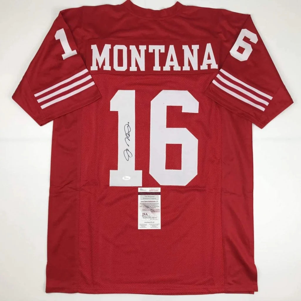 Red custom football jersey signed by Joe Montana from a professional sports legend