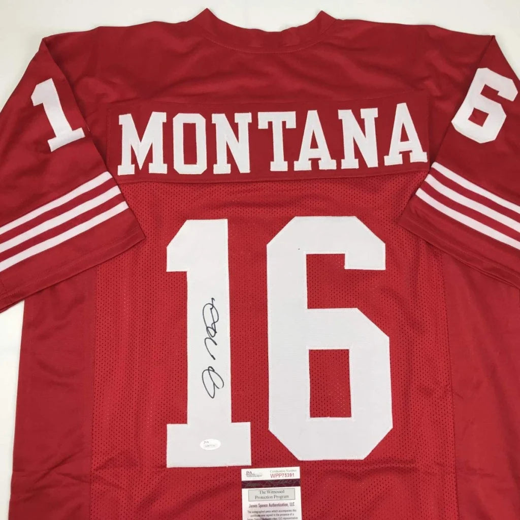 Red Joe Montana signed custom jersey from a professional sports legend with white numbers