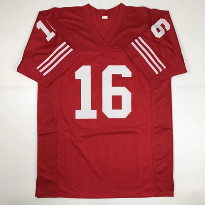 Autographed Joe Montana red custom jersey number 16, professional sports league