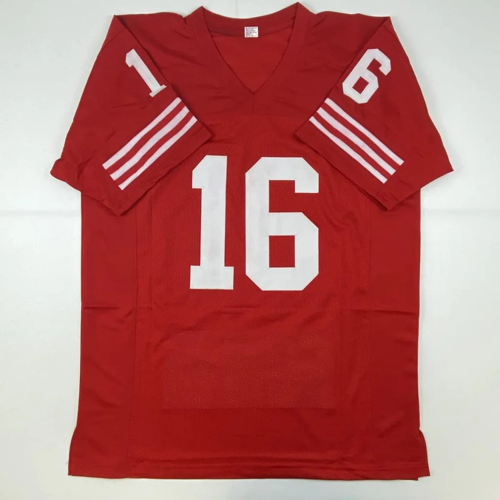 Red custom joe montana football jersey with white numbers and stripes, authentic signed professional sports league apparel