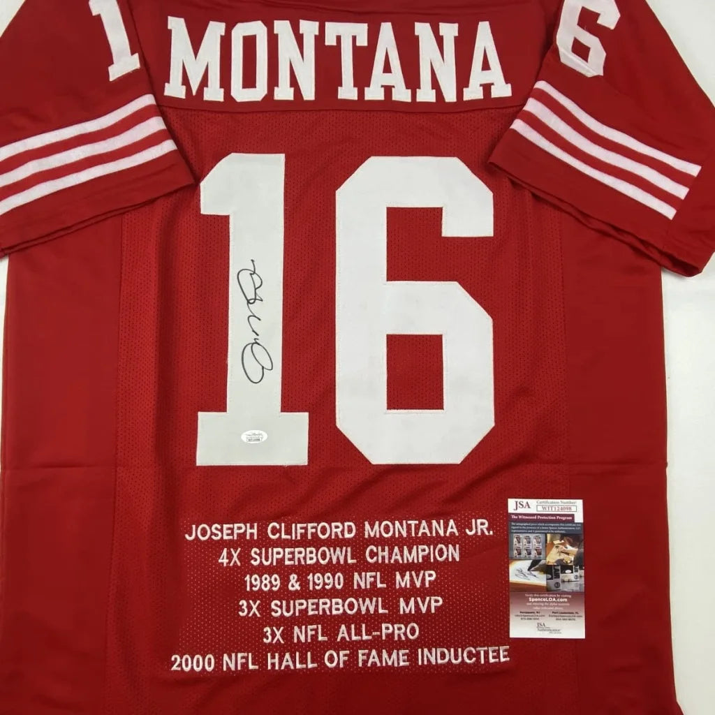 Back view of a red custom football jersey with white lettering montana and number 16 signed by joe montana for professional sports league
