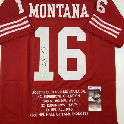 Back view of a red custom football jersey with white lettering montana and number 16 signed by joe montana for professional sports league