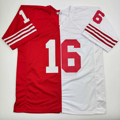 Autographed joe montana custom split red and white football jersey with number 16 from a professional sports league