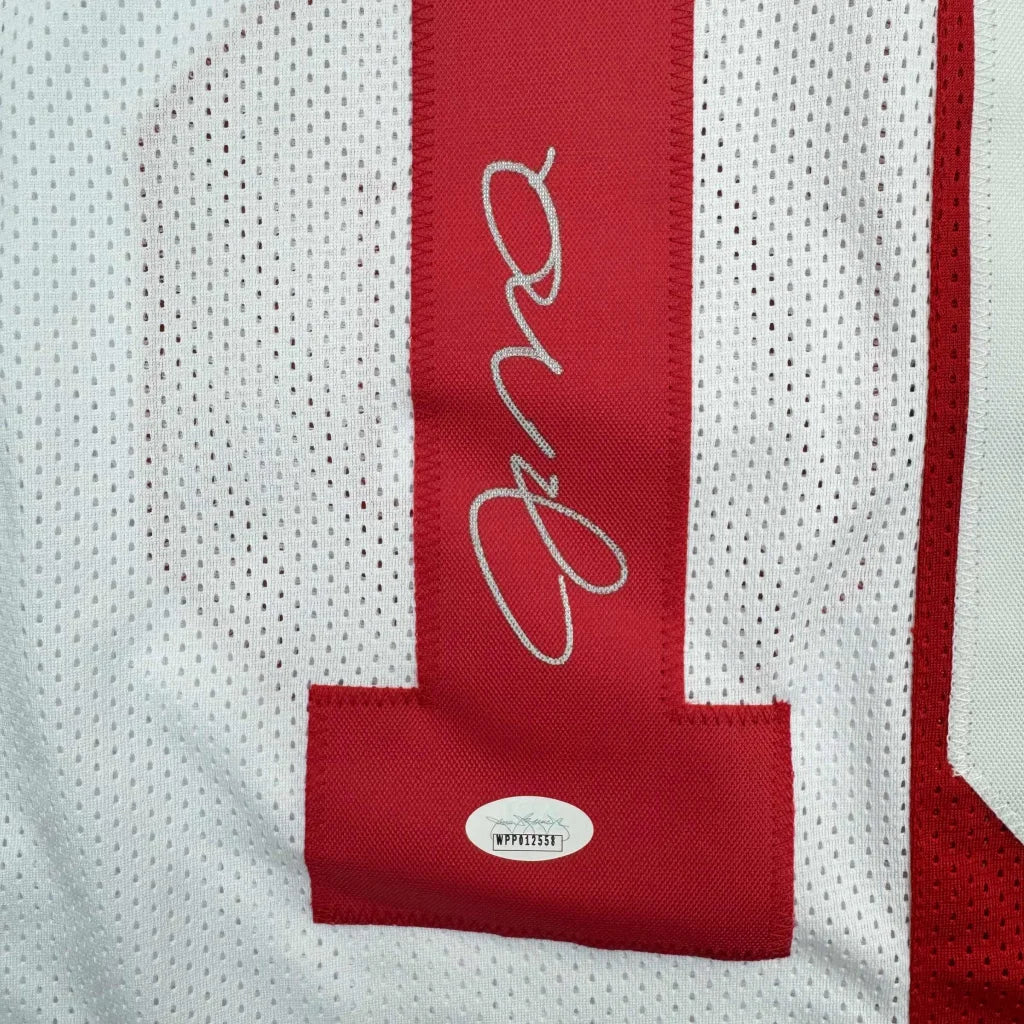Autographed joe montana white and red mesh custom jersey with bold red stripe signed in silver ink professional sports league