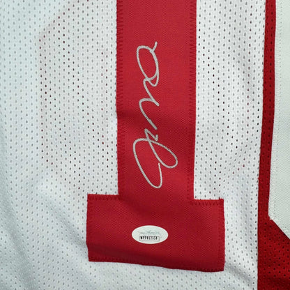 Autographed joe montana white and red mesh custom jersey with bold red stripe signed in silver ink professional sports league
