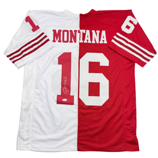 Autographed joe montana split red and white custom jersey with numbers 1 and 6 signed from professional sports league