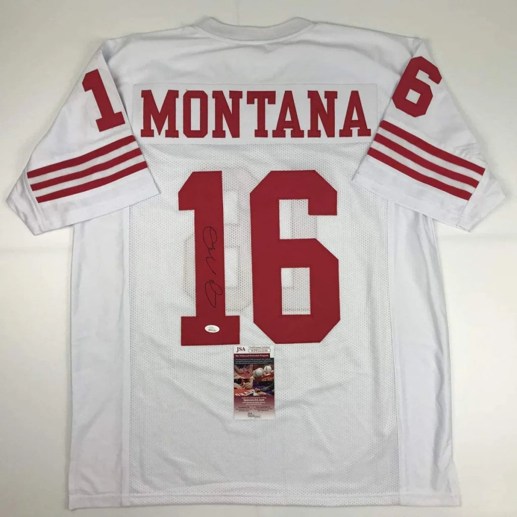 Autographed Joe Montana white custom jersey with red 16, San Francisco NFL