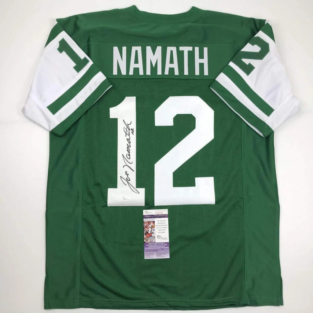 Back view of custom green and white Joe Namath professional sports jersey with number 12 and autograph from professional sports league