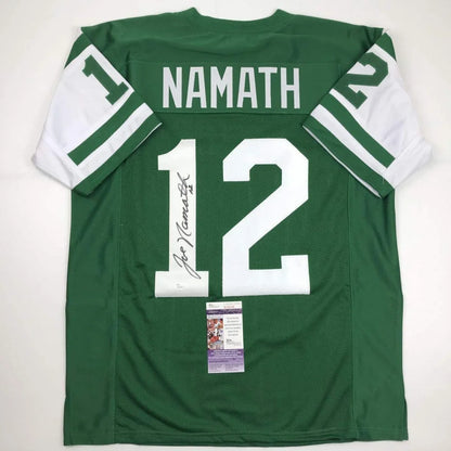 Back view of custom green and white Joe Namath professional sports jersey with number 12 and autograph from professional sports league
