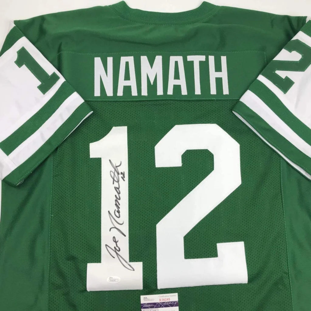 Autographed signed joe namath new york jets green custom jersey with number 12 from professional sports league