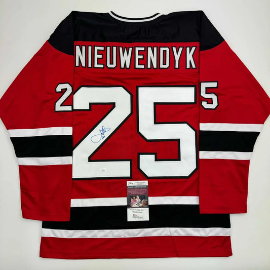 Autographed Joe Nieuwendyk New Jersey Red Hockey Jersey JSA COA | Hall of Fame Sports Memorabilia | vintageantiquesgifts.com